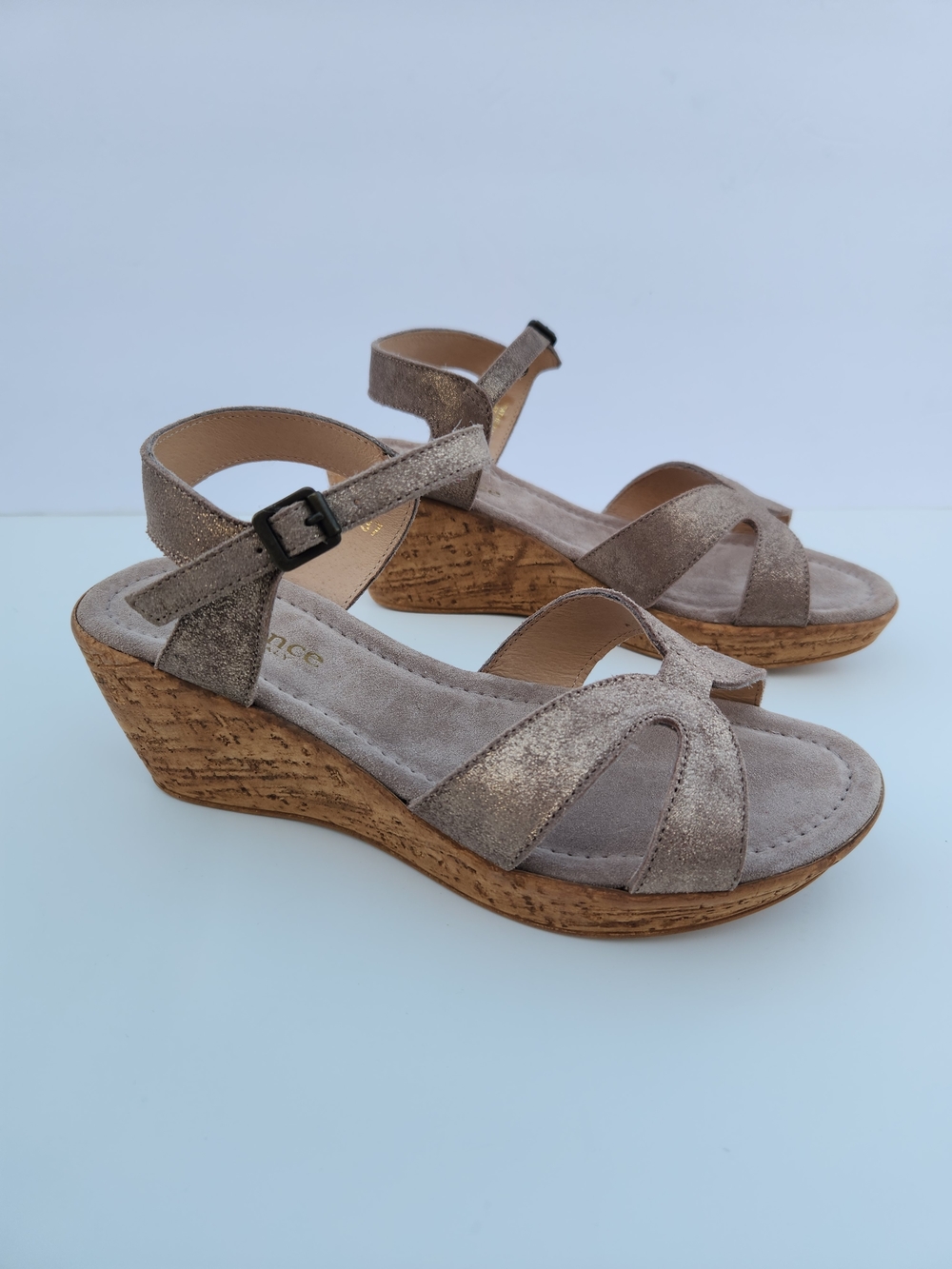 Sundance Metallic Taupe Ankle Strap Suede Leather Cork Wedge